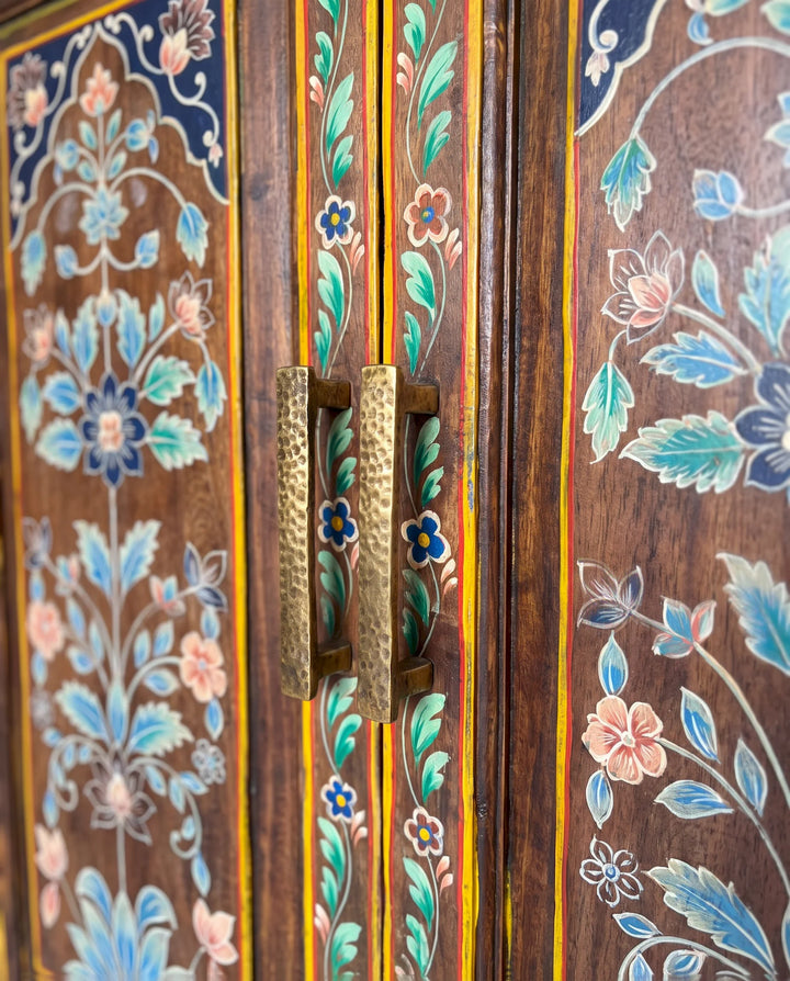 Hand-Painted Floral Mango Wood Armoire with Four Doors