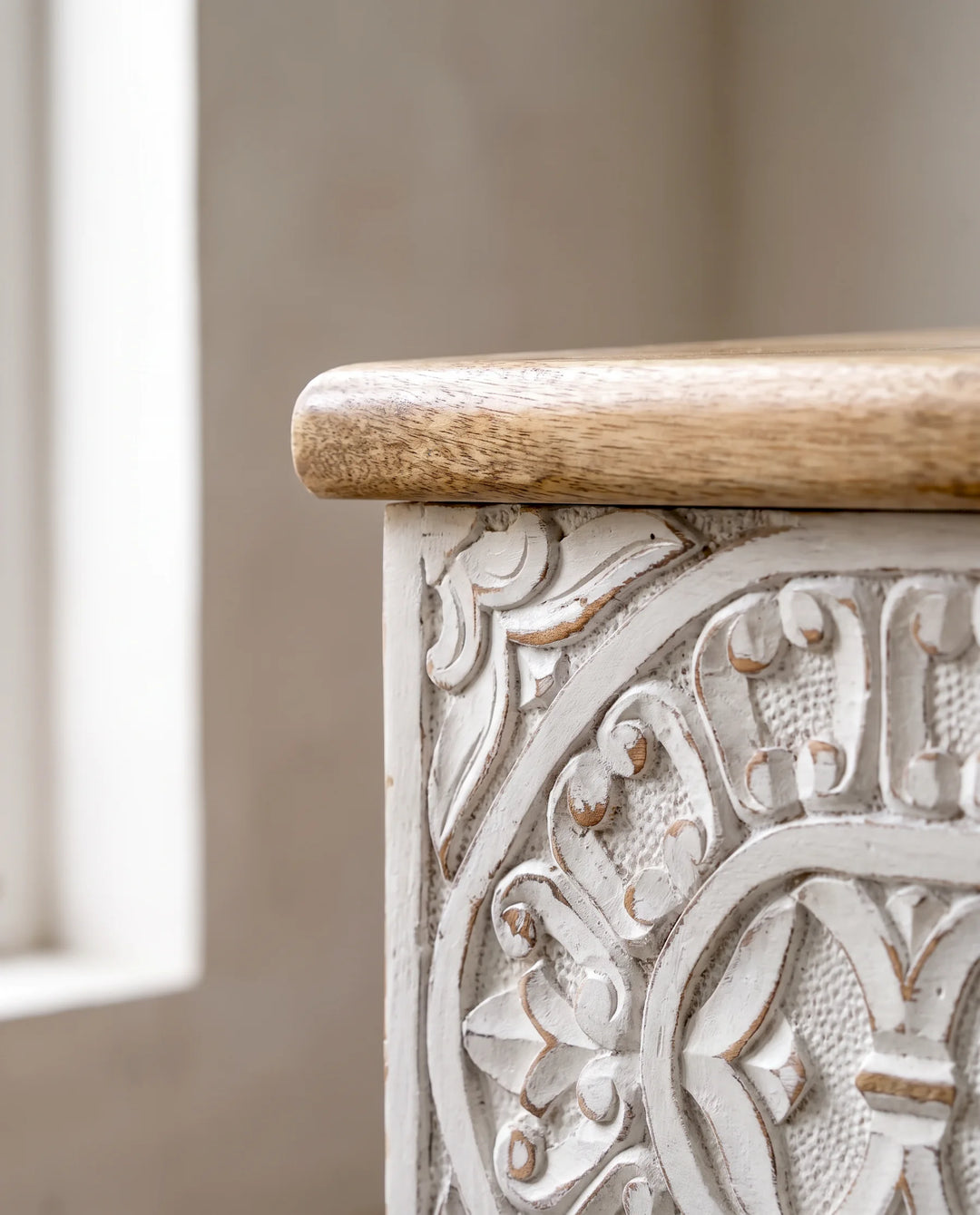 Whitewashed Mango Wood Storage Trunk with Ornate Carved Front
