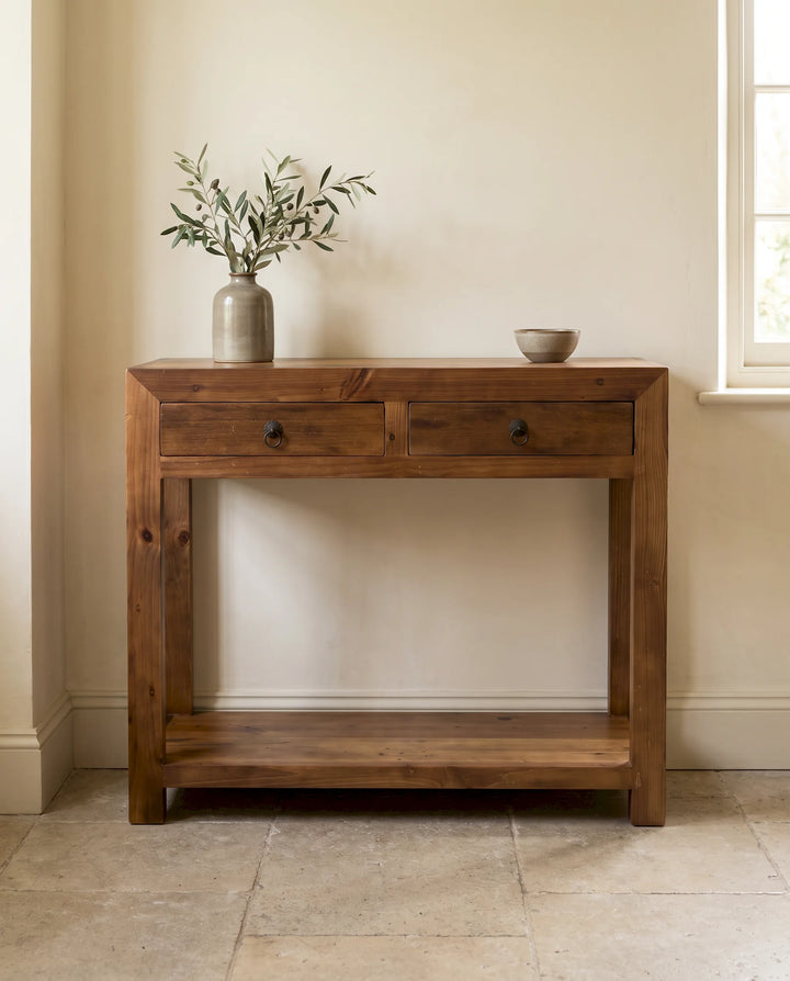 Vintage Reclaimed Mango Wood Console Table with Drawers &amp; Display Shelf