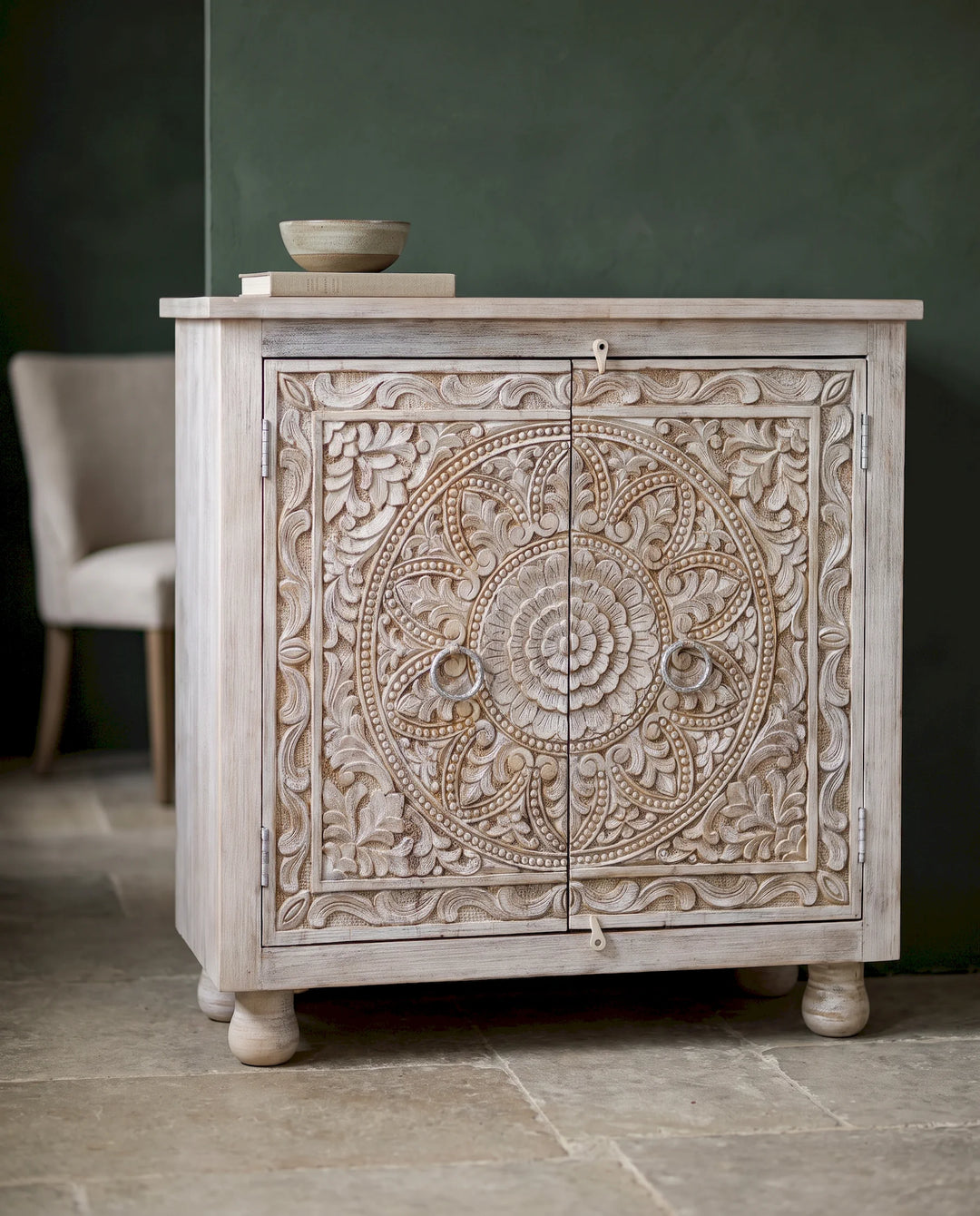 Creamwashed Mango Wood Sideboard with Hand-Carved Floral Medallion Doors