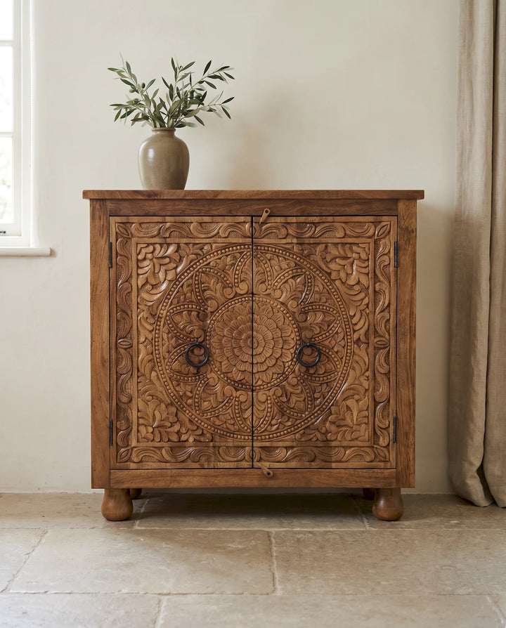 Natural Mango Wood Sideboard with Ornate Floral Medallion Doors