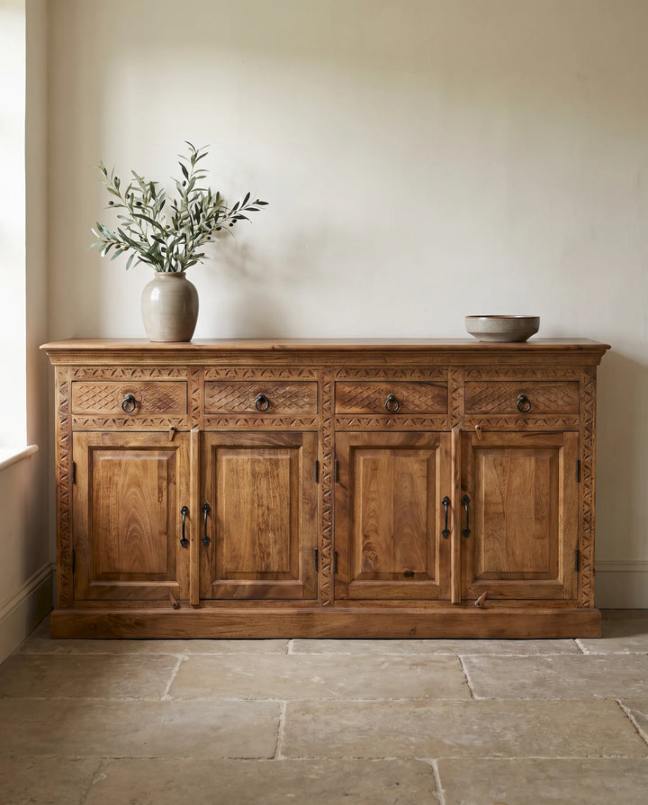 Hand-Carved Mango Wood Sideboard with Geometric Drawers &amp; Panelled Doors