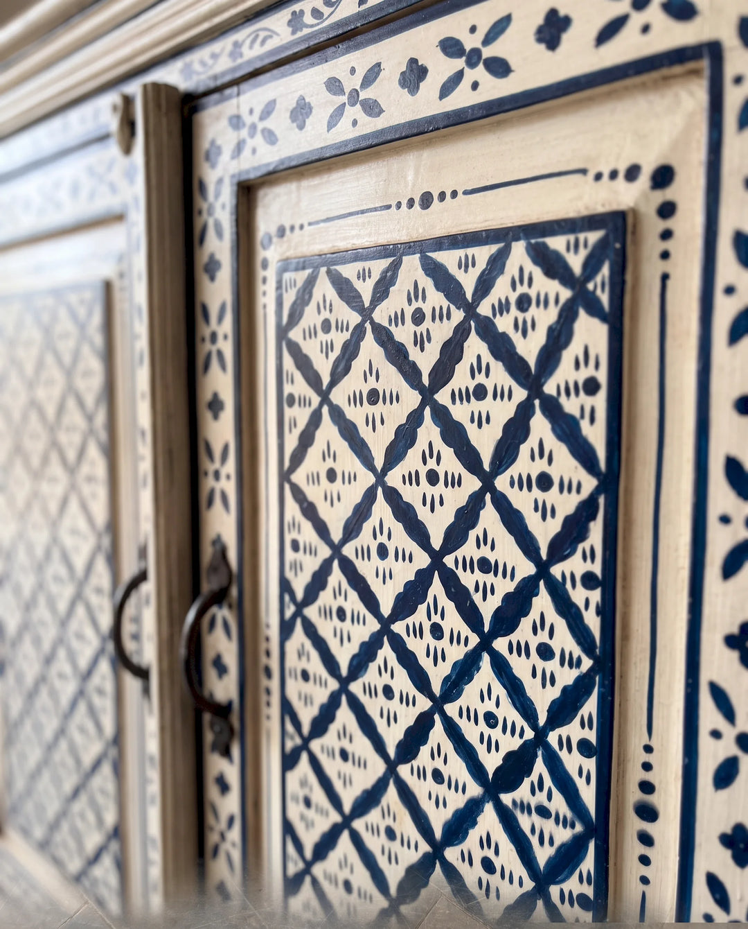 Hand-Painted Blue &amp; White Mango Wood 3 Door Sideboard