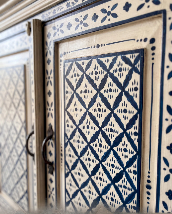 Hand-Painted Blue &amp; White Mango Wood 3 Door Sideboard