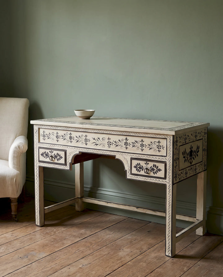 Hand-Painted Botanical Mango Wood Console Table / Desk in Cream &amp; Charcoal