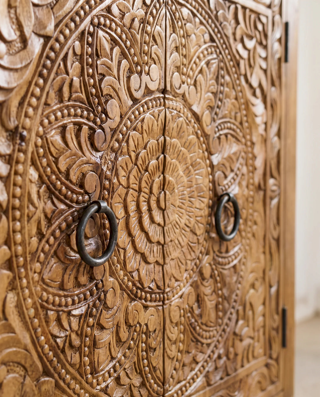 Natural Mango Wood Sideboard with Ornate Floral Medallion Doors
