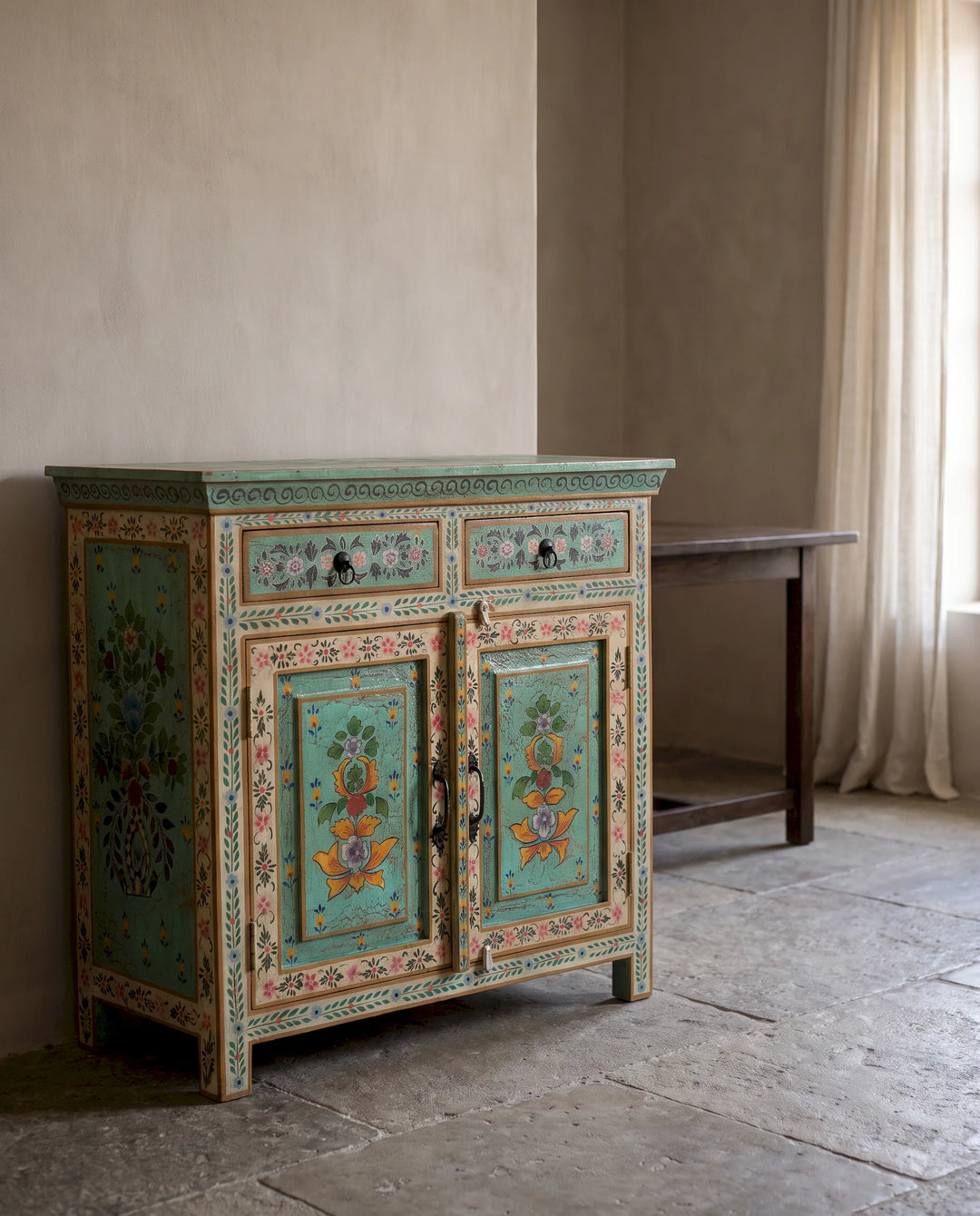 Hand-Painted Floral Mango Wood Sideboard in Vintage Turquoise