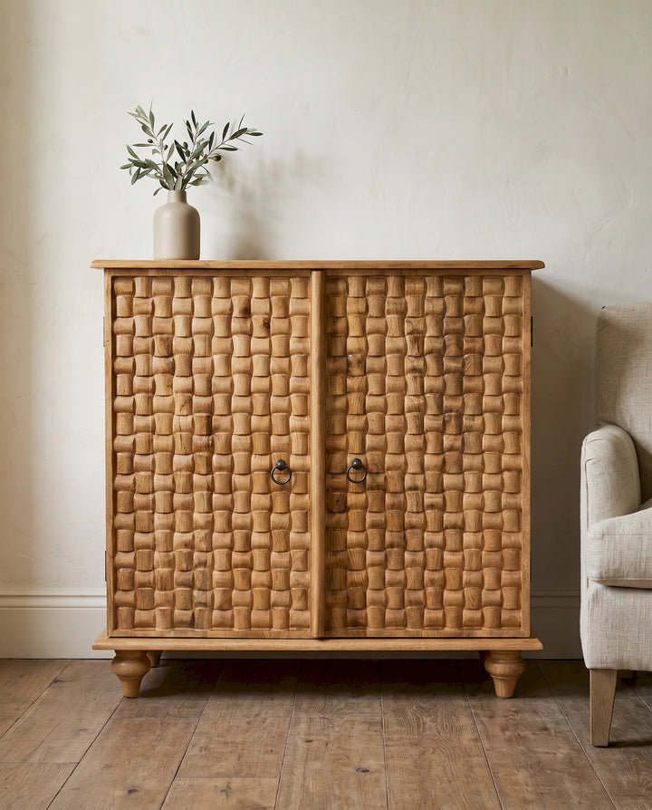 Natural Mango Wood Sideboard with Sculpted Basketweave Doors