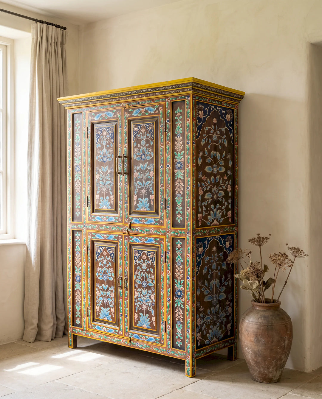 Hand-Painted Floral Mango Wood Armoire with Four Doors