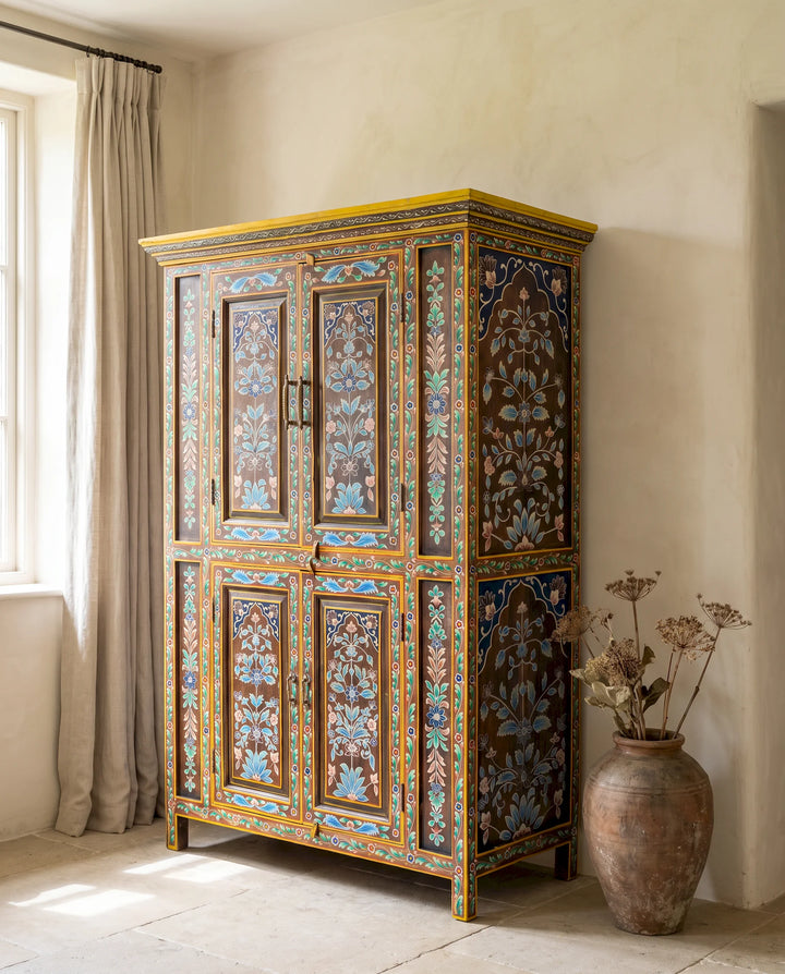 Hand-Painted Floral Mango Wood Armoire with Four Doors