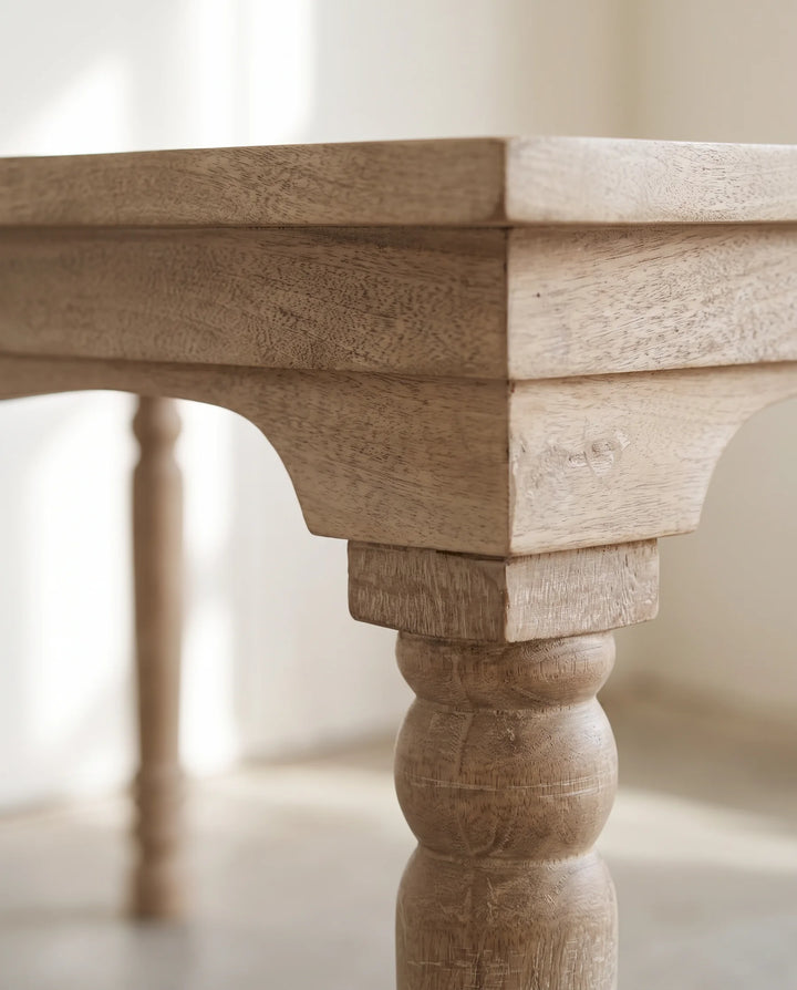 Hand-Carved Mango Wood Dining Table with Scalloped Apron, Light Natural Finish