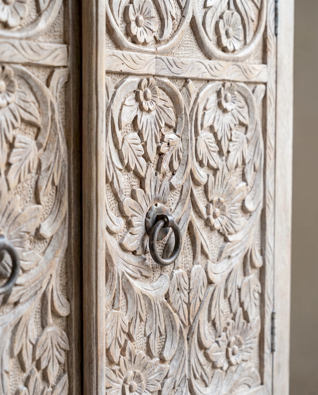 Creamwashed Arched Mango Wood Armoire with Hand-Carved Botanical Doors