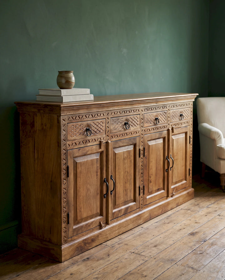 Hand-Carved Mango Wood Sideboard with Geometric Drawers &amp; Panelled Doors