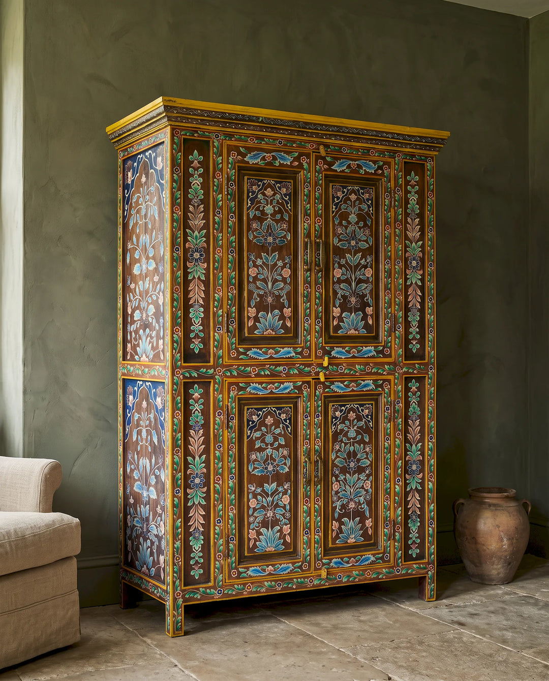 Hand-Painted Floral Mango Wood Armoire with Four Doors