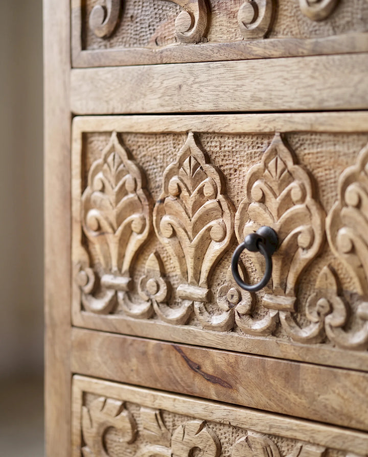 Hand-Carved Botanical Mango Wood Chest of Drawers, Light Natural Finish