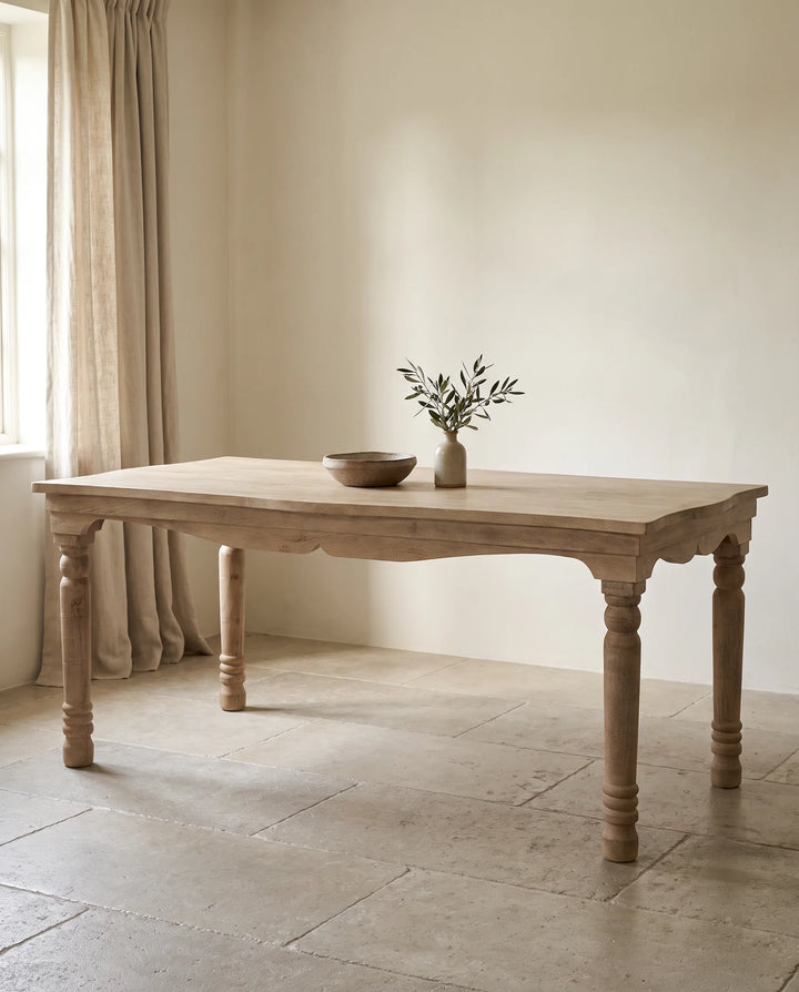 Hand-Carved Mango Wood Dining Table with Scalloped Apron, Light Natural Finish