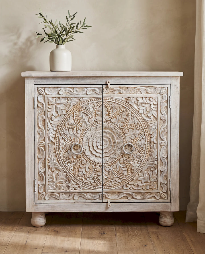 Creamwashed Mango Wood Sideboard with Hand-Carved Floral Medallion Doors