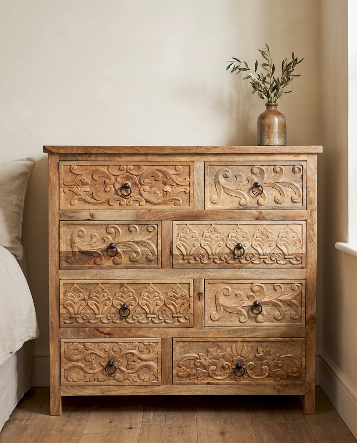 Hand-Carved Botanical Mango Wood Chest of Drawers, Light Natural Finish