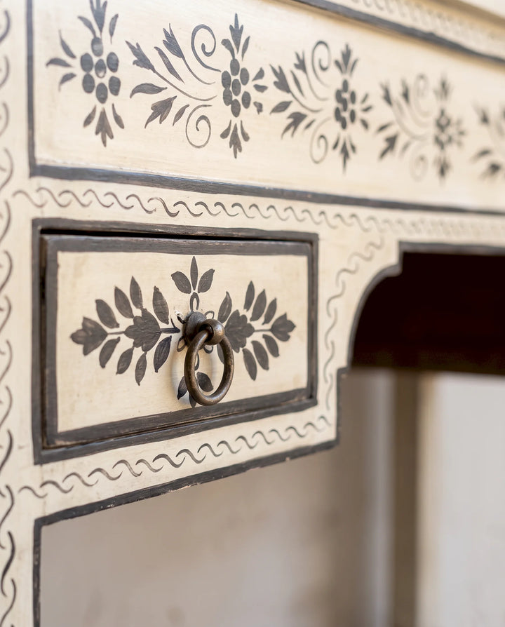 Hand-Painted Botanical Mango Wood Console Table / Desk in Cream &amp; Charcoal