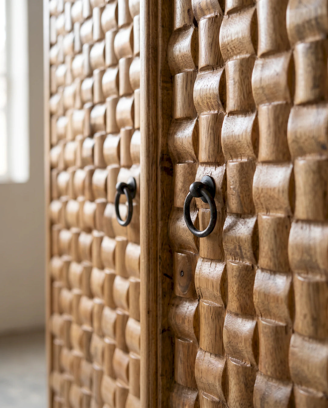 Natural Mango Wood Sideboard with Sculpted Basketweave Doors