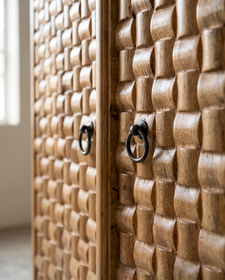 Natural Mango Wood Sideboard with Sculpted Basketweave Doors