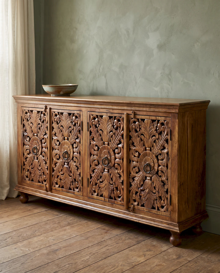 Hand-Carved Floral Mango Wood Sideboard with Four Openwork Doors