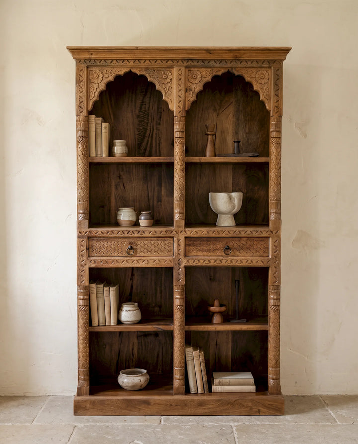 Ornately Hand-Carved Solid Mango Wood Bookcase