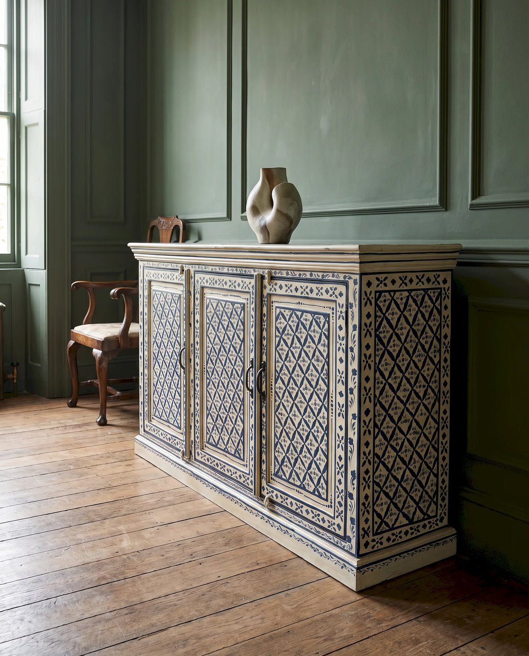 Hand-Painted Blue &amp; White Mango Wood 3 Door Sideboard