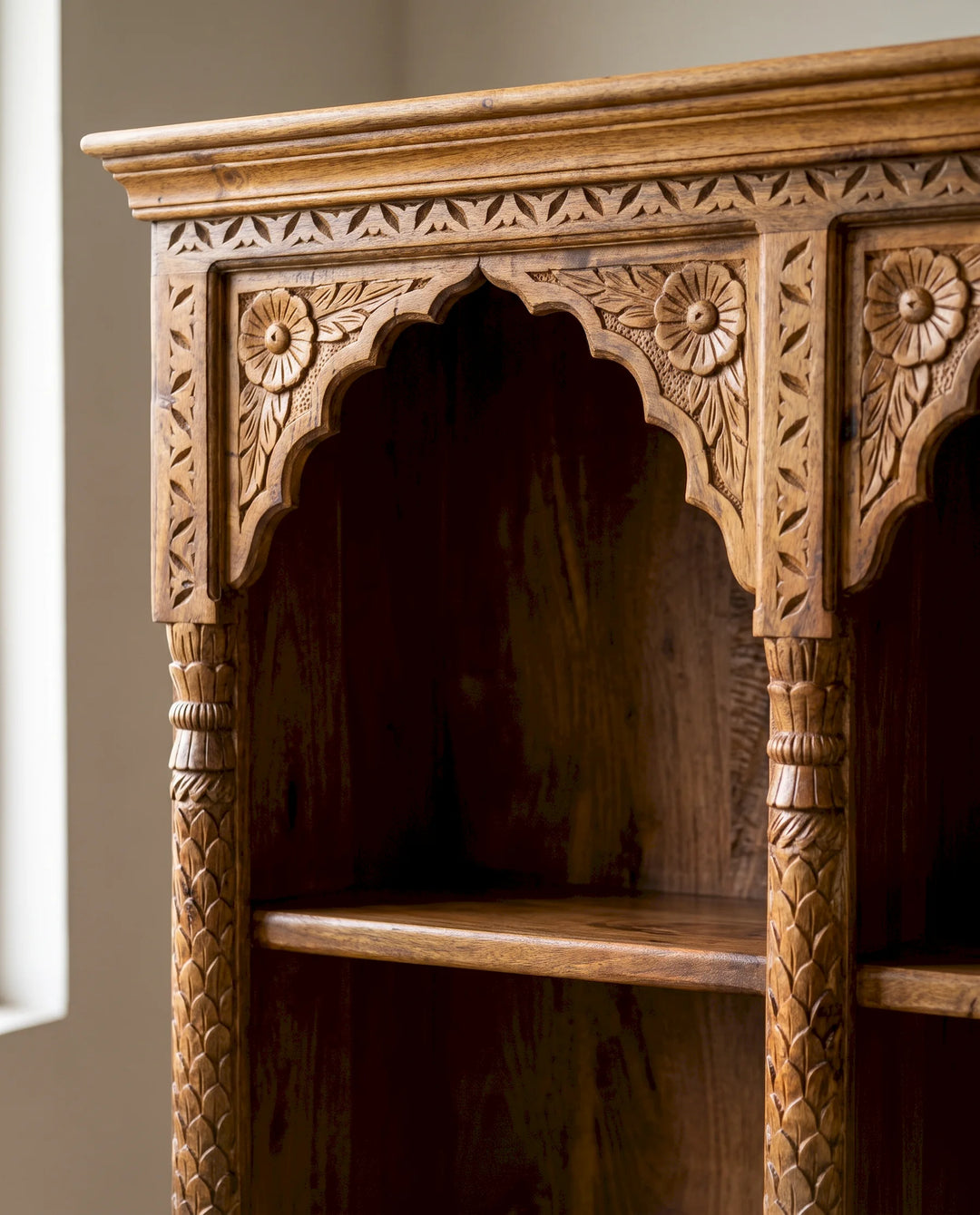 Ornately Hand-Carved Solid Mango Wood Bookcase