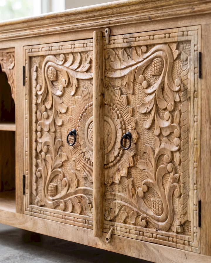Artisan Hand-Carved Mango Wood TV &amp; Media Cabinet