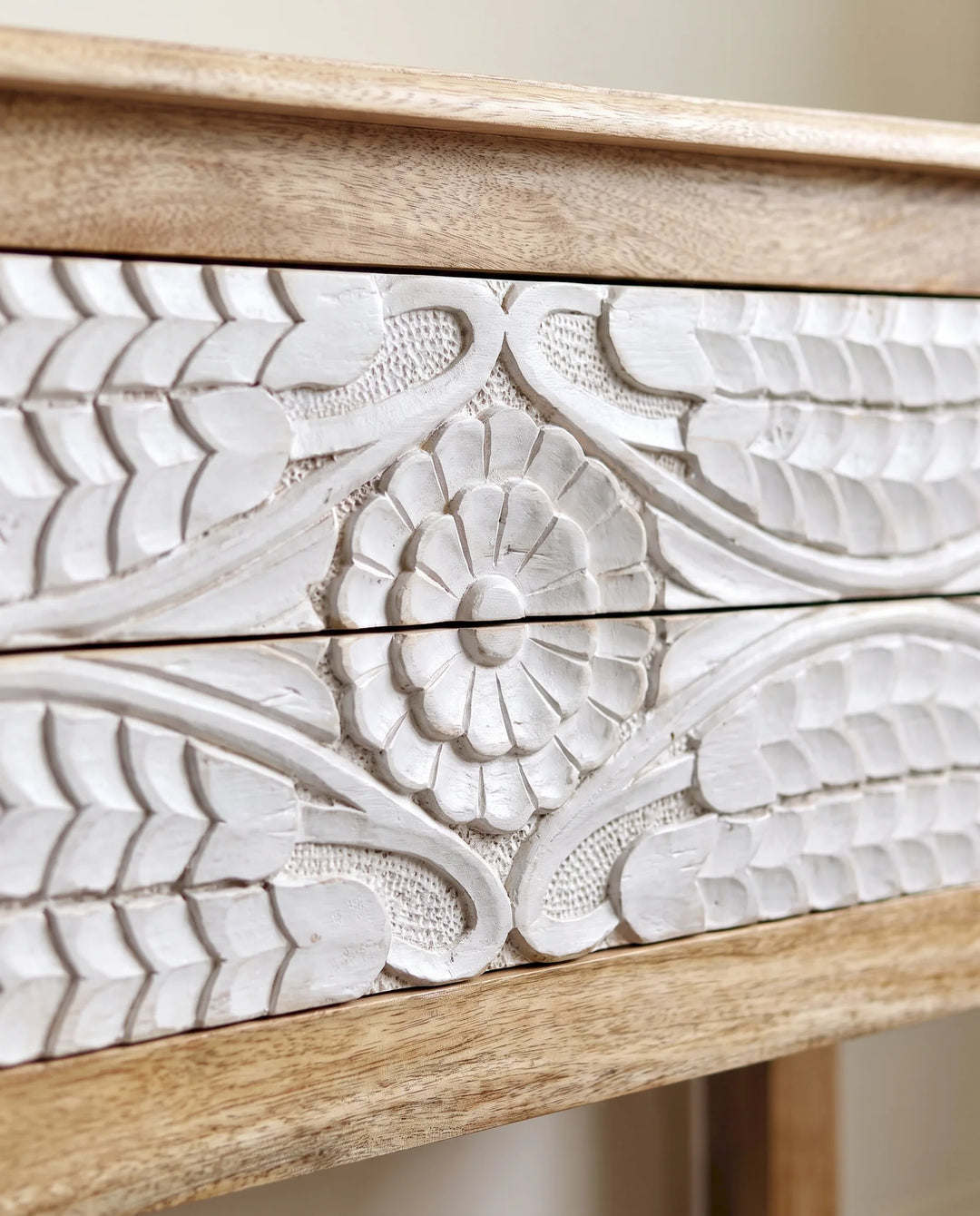Hand-Carved Botanical Mango Wood Console Table with Whitewashed Drawers