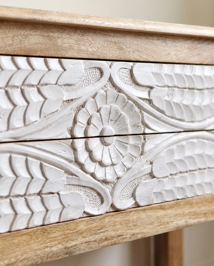 Hand-Carved Botanical Mango Wood Console Table with Whitewashed Drawers