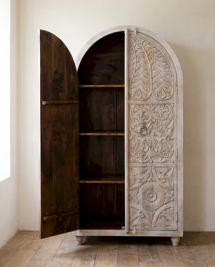 Creamwashed Arched Mango Wood Armoire with Hand-Carved Botanical Doors