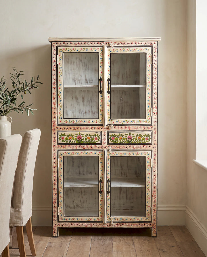 Hand-Painted Floral Mango Wood Cabinet with Glass Doors