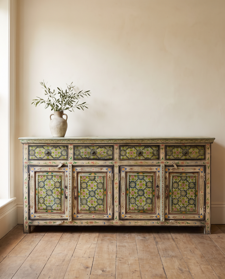 Hand-Painted Mango Wood Sideboard – 4 Doors &amp; 4 Drawers, Floral Design (180cm)