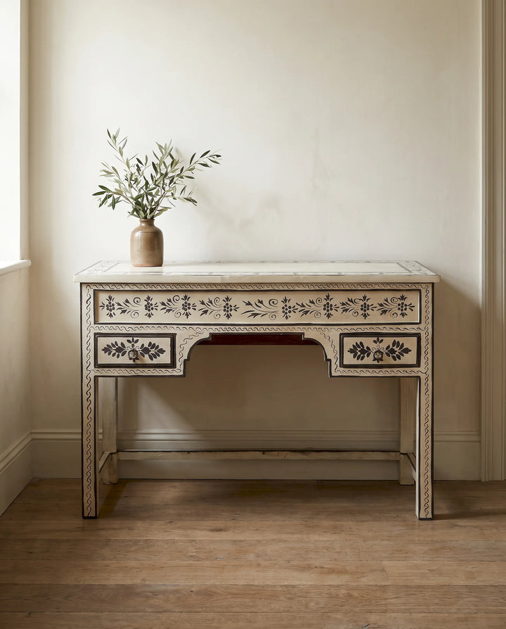 Hand-Painted Botanical Mango Wood Console Table / Desk in Cream &amp; Charcoal