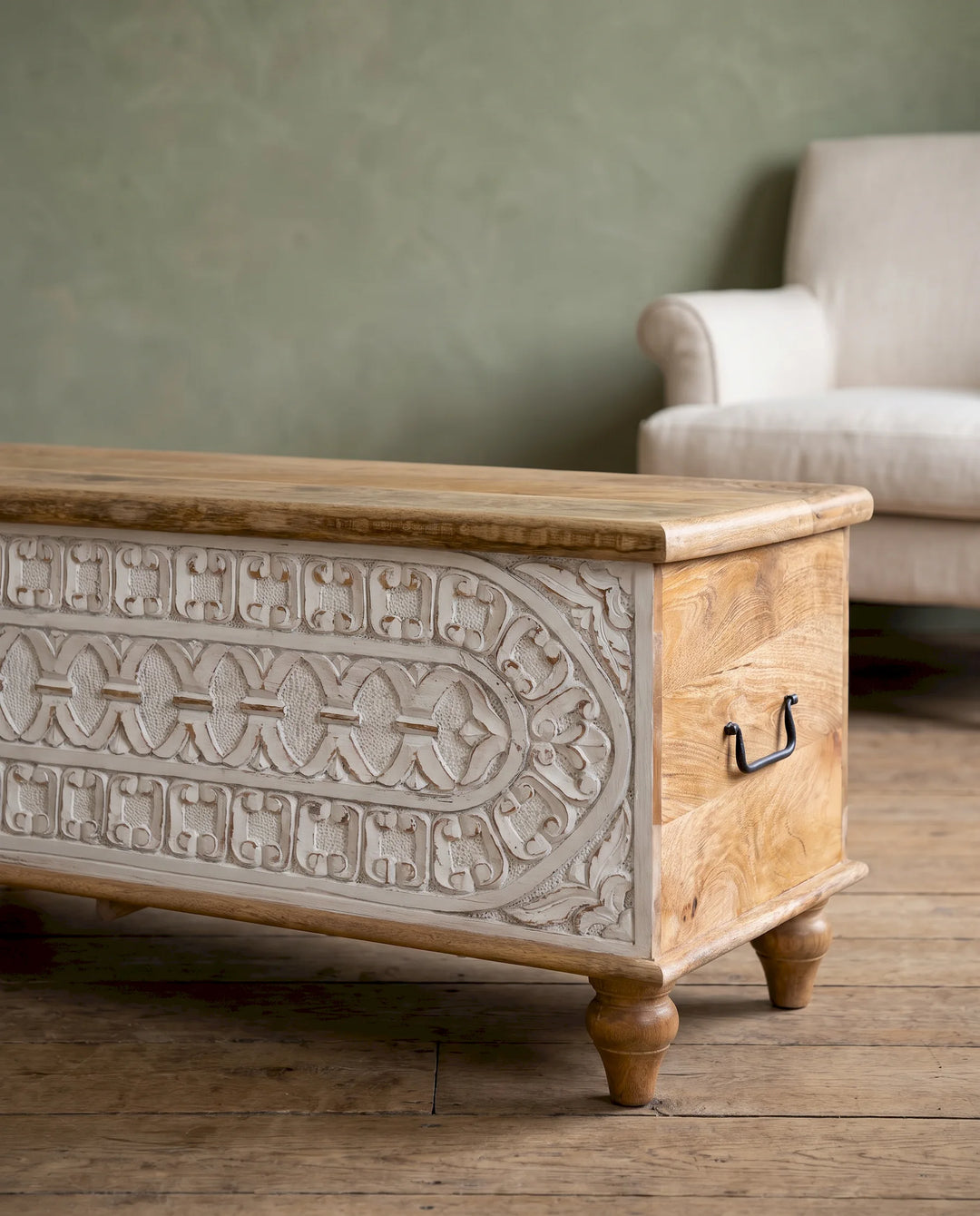 Whitewashed Mango Wood Storage Trunk with Ornate Carved Front