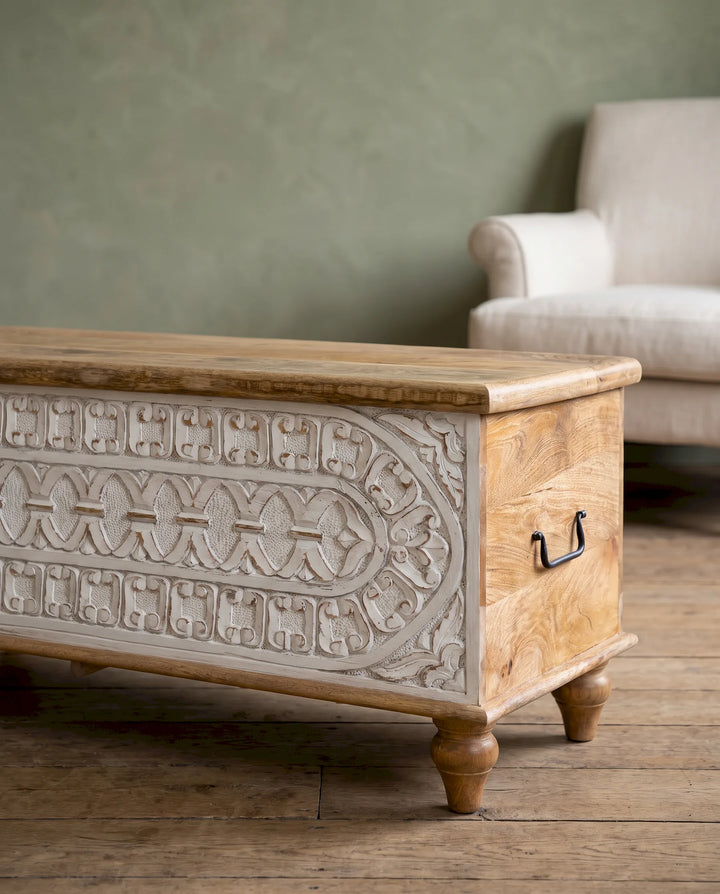 Whitewashed Mango Wood Storage Trunk with Ornate Carved Front