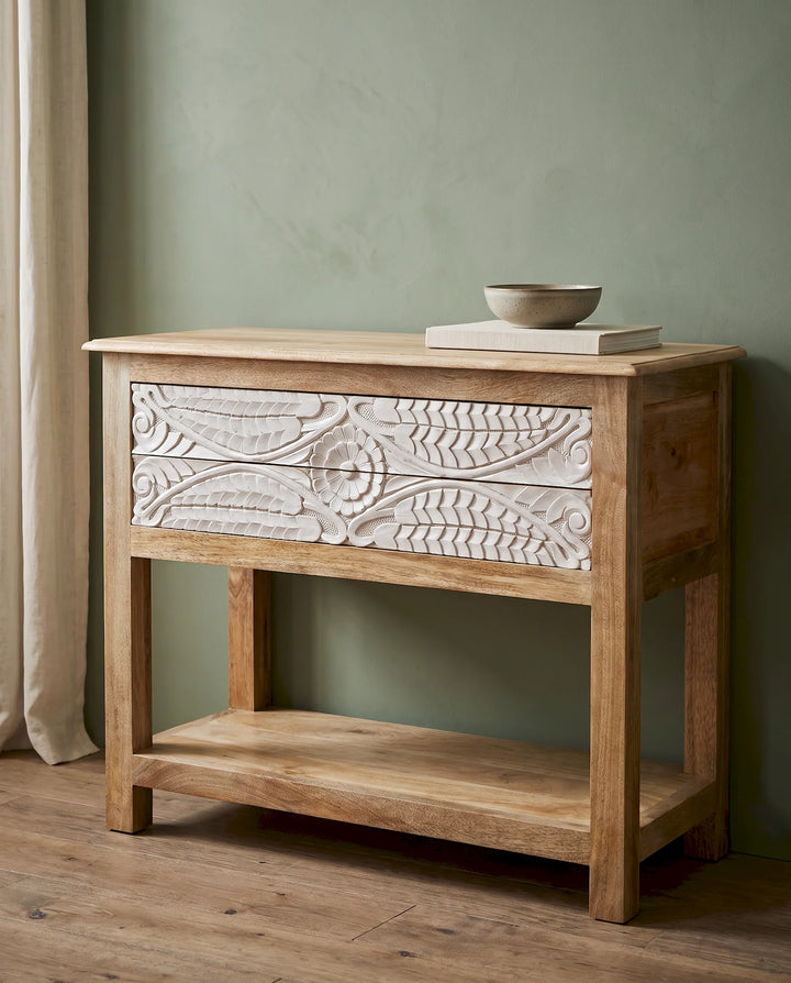 Hand-Carved Botanical Mango Wood Console Table with Whitewashed Drawers