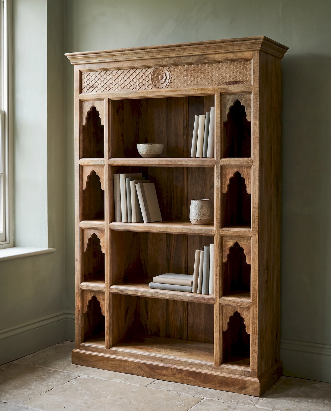 Hand-Carved Mango Wood Bookcase with Scalloped Arches &amp; Floral Detail