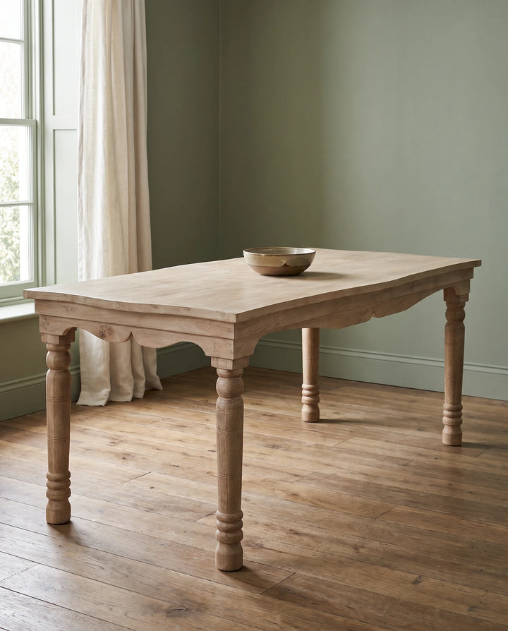 Hand-Carved Mango Wood Dining Table with Scalloped Apron, Light Natural Finish