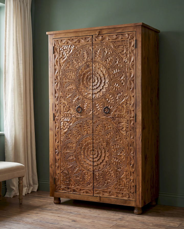 Natural Mango Wood Wardrobe with Hand-Carved Floral Medallion Doors