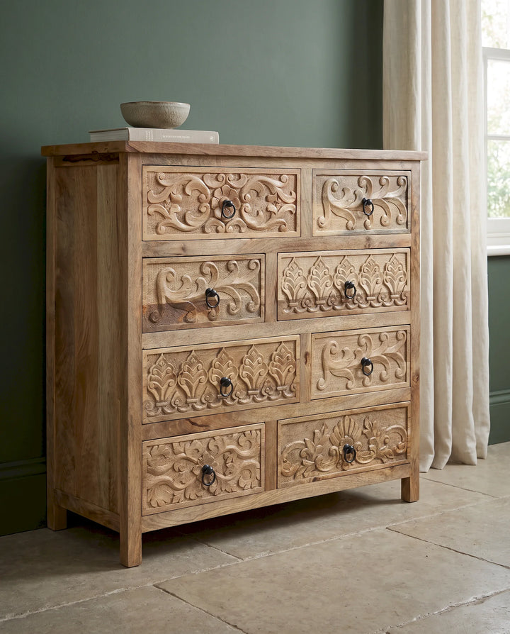 Hand-Carved Botanical Mango Wood Chest of Drawers, Light Natural Finish
