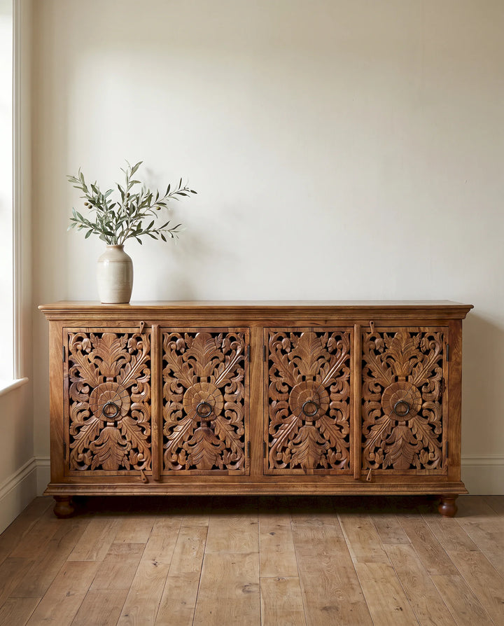Hand-Carved Floral Mango Wood Sideboard with Four Openwork Doors