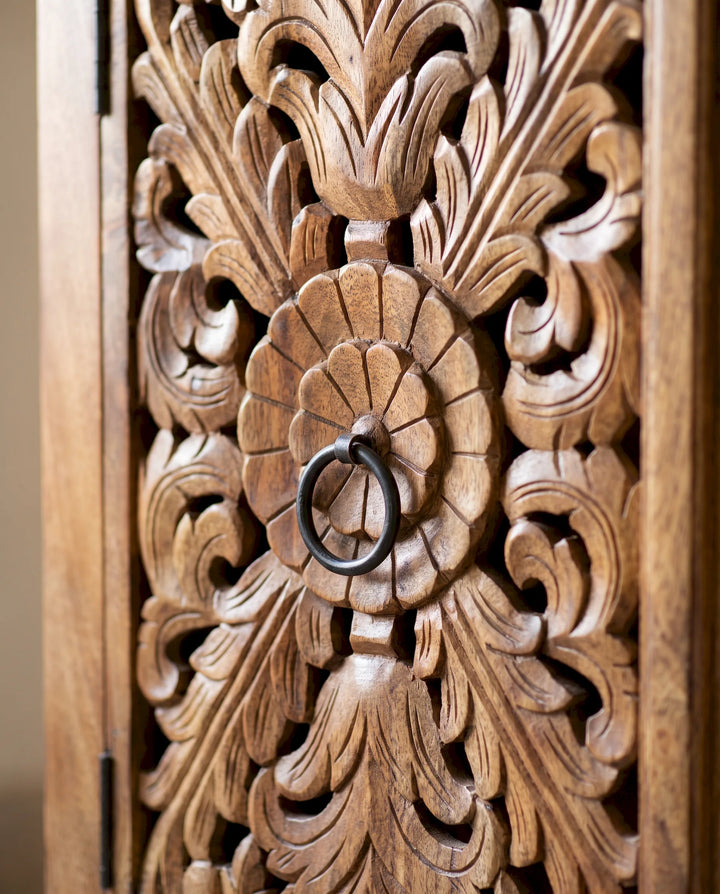 Hand-Carved Floral Mango Wood Sideboard with Four Openwork Doors