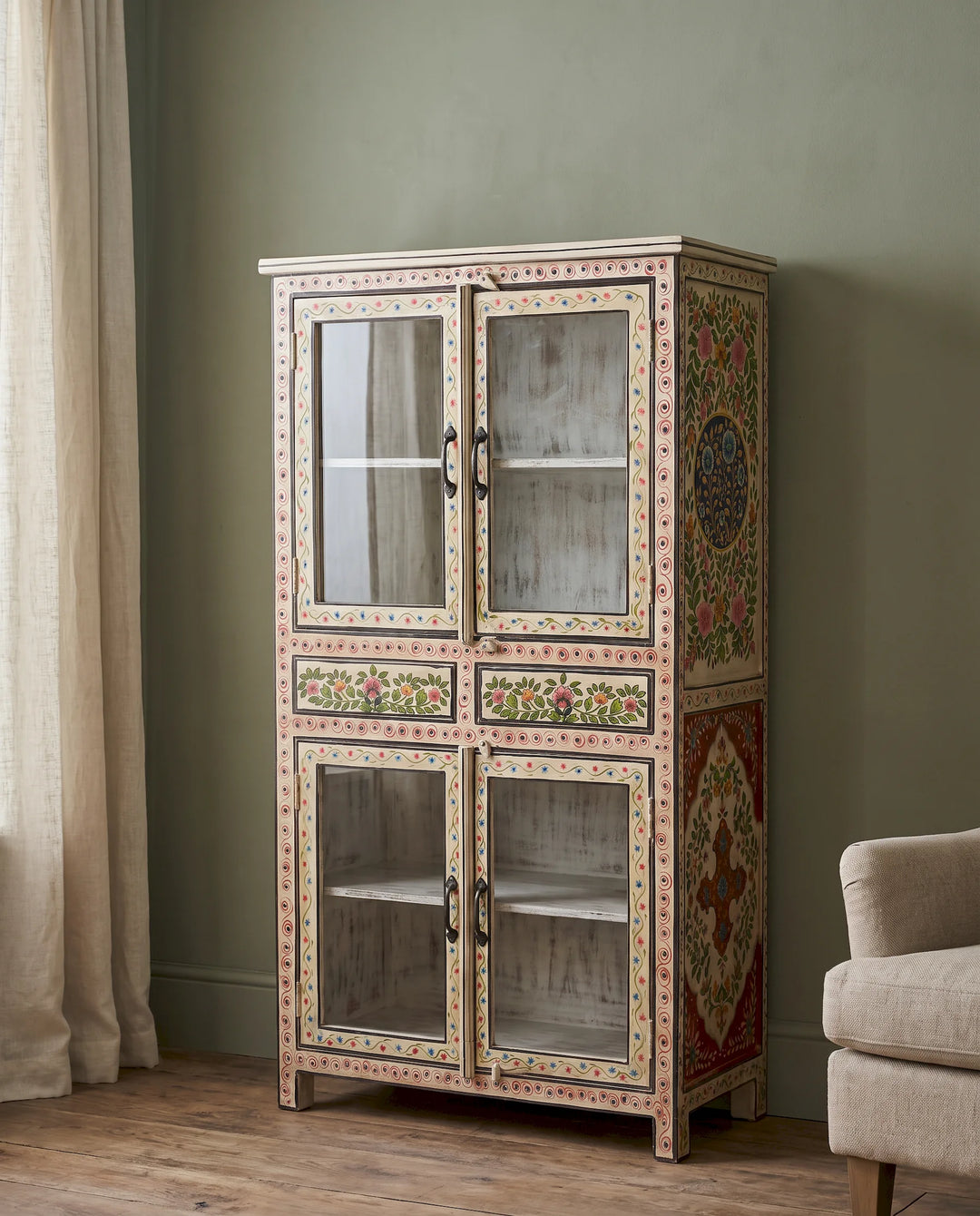 Hand-Painted Floral Mango Wood Cabinet with Glass Doors