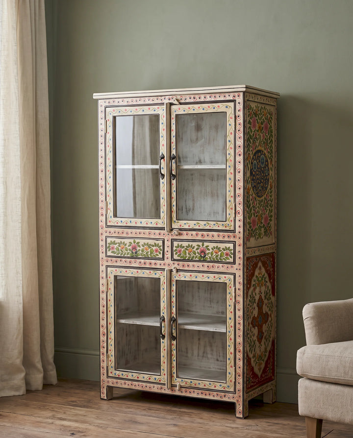 Hand-Painted Floral Mango Wood Cabinet with Glass Doors