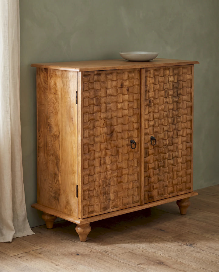 Natural Mango Wood Sideboard with Sculpted Basketweave Doors
