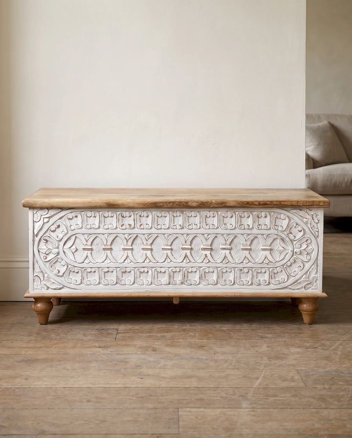 Whitewashed Mango Wood Storage Trunk with Ornate Carved Front