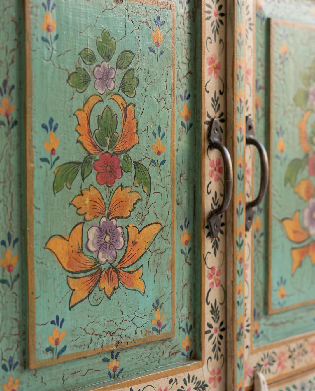 Hand-Painted Floral Mango Wood Sideboard in Vintage Turquoise